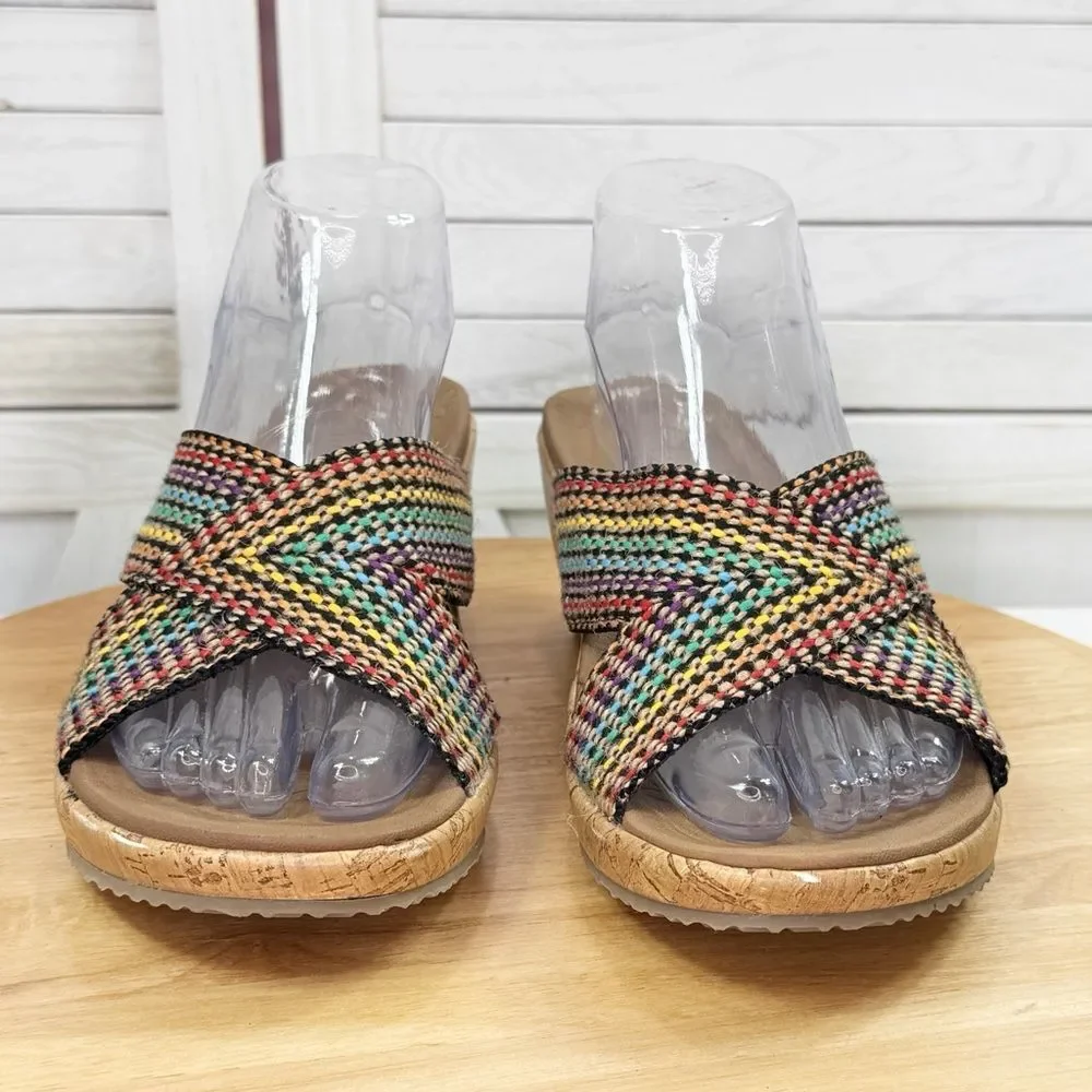 Skechers Beverlee Delighted Rainbow Woven Strap Wedge Sandals‎ Luxe Foam 9